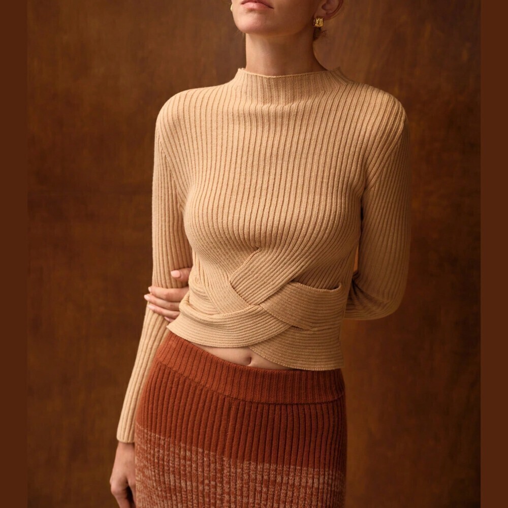 Tan Ribbed Knit Crossover Waist Mock Neck Sweater